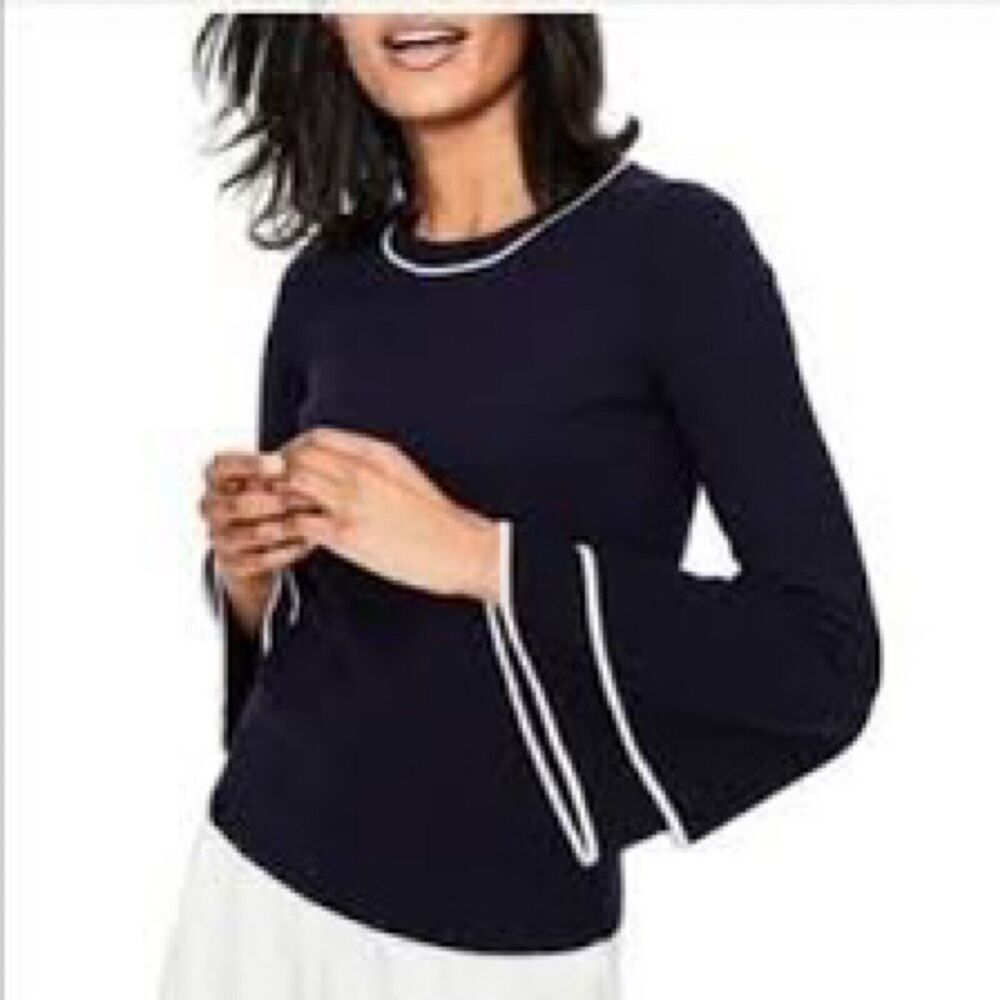 Boden Double Frill Bell Sleeves Navy Blue Knit White Trim Sweater 4